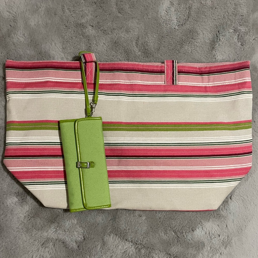 🌸New Striped Pink and Green Tote Bag with Wallet